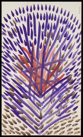 A dense orange and purple excrescence with purple and brown darts and droplets. Watercolour by M. Bishop, 19--.