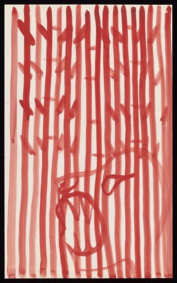 The red head of a tiger amongst red stripes representing bamboo. Watercolour by M. Bishop, 1972.