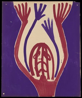 A red person raising both arms and a pair of purple arms. Watercolour by M. Bishop, 1963.