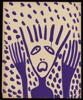 A purple person with spiky hair and an open mouth raising both hands, with purple blotches around. Watercolour by M. Bishop, 1963 (?).