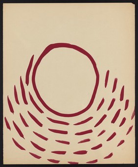 The sun outlined in red with radiant marks spreading outwards. Watercolour by M. Bishop, 1968.