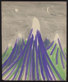 Purple and green mountains against a grey sky with the sun and moon. Watercolour by M. Bishop, 1966.