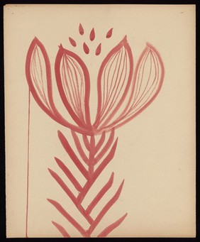 A swelling red flower on a spiky stem; representing feelings of love and joy. Watercolour by M. Bishop, 1967.