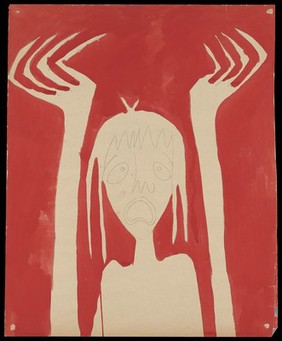 A woman in despair raising her hands above her head with clenched fingers. Watercolour by M. Bishop, 1962.