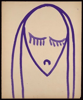 A young woman looking downwards in shame: outline of head. Watercolour by M. Bishop, 1968.