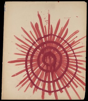 A red star with dark red circles superimposed. Watercolour by M. Bishop, 1968.
