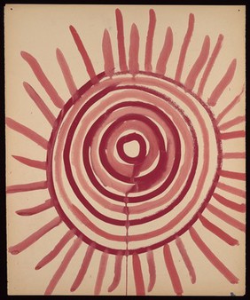 The sun painted in red and cerise circles. Watercolour by M. Bishop, 1967.