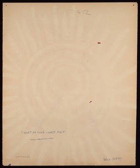 The sun painted in red and cerise circles. Watercolour by M. Bishop, 1967.