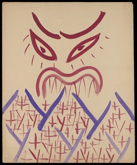 The head of an angry red cat (?), with mauve Y-shapes and red crosses; representing pain. Watercolour by M. Bishop, 1966.