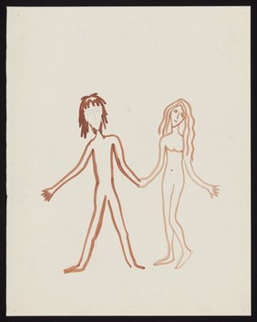 Adam and Eve, naked, holding hands. Watercolour by M. Bishop, 1969.