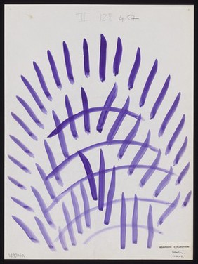 An arch formed of purple grids and diagonals. Watercolour by M. Bishop, 1969.