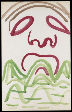 The face of a person with red features drowning in green waves. Watercolour by M. Bishop, 1971.