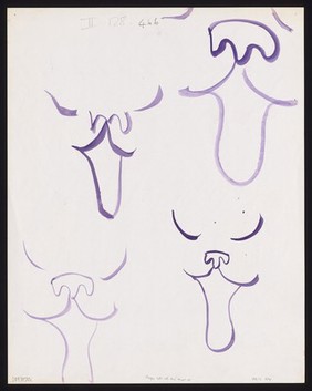 Heads of cats with their tongues sticking out: four figures. Watercolour by M. Bishop, 1973.