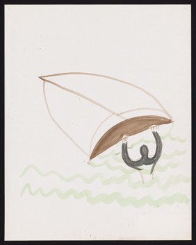 A man in the water holding on to his capsized sailing boat. Watercolour by M. Bishop, 1973.