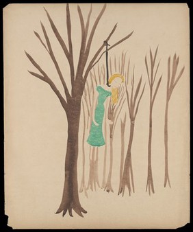 A woman wearing a green dress hangs herself from a tree in a forest. Watercolour by M. Bishop, 1958.