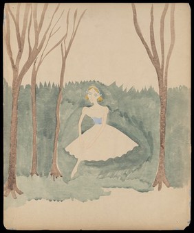 A ballerina dancing among dead trees with green wooded mountains behind. Watercolour by M. Bishop, 1958.
