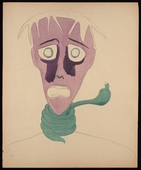 A man being strangled by a snake coiled around his neck. Watercolour by M. Bishop, 1958.