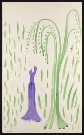 A woman wearing a purple dress holds drooping flowers under a green tree. Watercolour by M. Bishop, 1971.