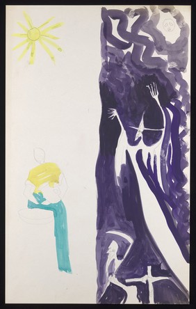 Sunshine (left): a woman with a jug; darkness (right): a witch with time and death. Watercolour by M. Bishop, 1971.