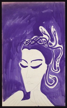 A woman with snakes in her hair. Watercolour by M. Bishop, 1971.