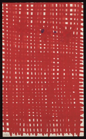 A dense rectangular red grid with small purple blots. Watercolour by M. Bishop, ca. 1970.