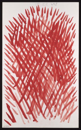 A red diagonal grid with darts as finials. Watercolour by M. Bishop, ca. 1970.