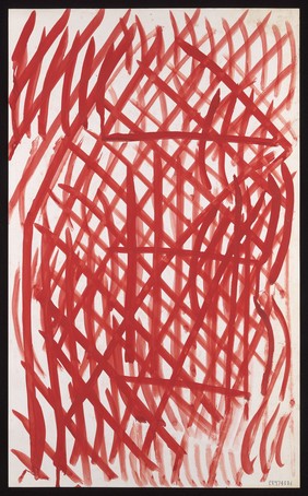 Red grids, darts and arcs. Watercolour by M. Bishop, ca. 1970.