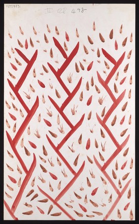 Red Y-shapes with red and brown droplets. Watercolour by M. Bishop, ca. 1970.