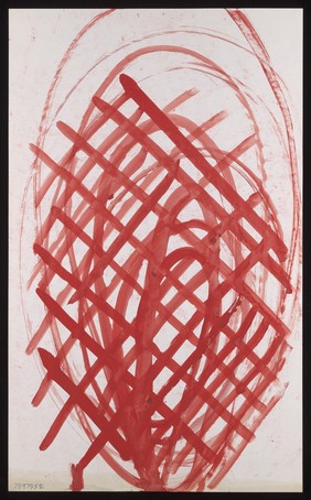 A red oval containing other ovals, overlaid by a red grid. Watercolour by M. Bishop, ca. 1970.