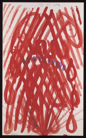 A red excrescence surrounded by red ovals overlaid by a red grid, with blue dots. Watercolour by M. Bishop, ca. 1970.