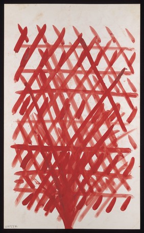 A red excrescence overlaid by a red grid. Watercolour by M. Bishop, ca. 1970.