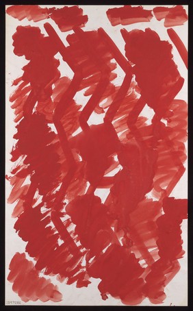 Six red zigzags obscured by blotches. Watercolour by M. Bishop, ca. 1970.
