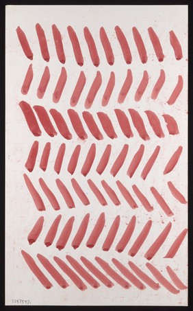 Seven lines of diagonal red darts. Watercolour by M. Bishop, ca. 1970.