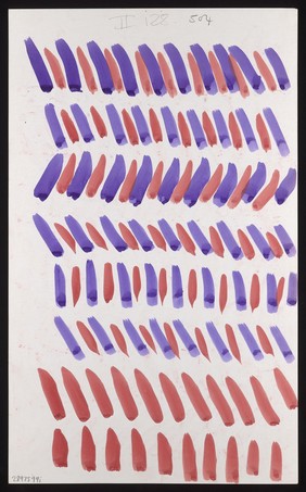 Eight lines of diagonal red and purple darts. Watercolour by M. Bishop, ca. 1970.