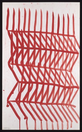 Red grids in different planes. Watercolour by M. Bishop, ca. 1970.