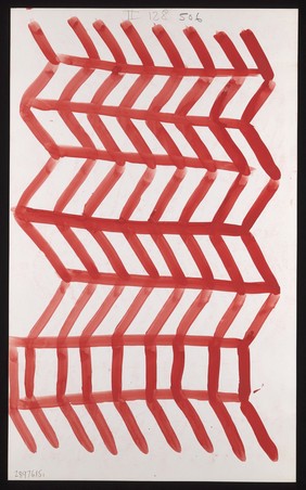 Red zigzags. Watercolour by M. Bishop, ca. 1970.