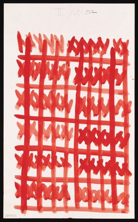 A red grid overlaid by red saltires. Watercolour by M. Bishop, ca. 1970.