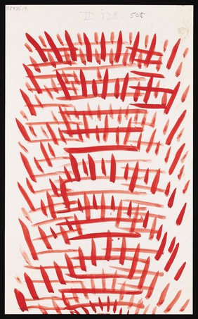 Red horizontal lines traversed by darts. Watercolour by M. Bishop, ca. 1970.