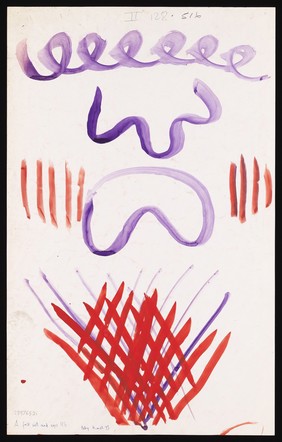 A purple face with a downturned mouth, above a red and purple grid. Watercolour by M. Bishop, 1973.