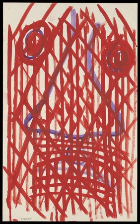 A purple face overlaid by a red grid with red darts. Watercolour by M. Bishop, 197-.