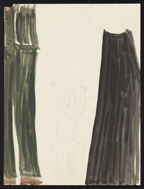 A little girl standing between her father and her mother. Watercolour by M. Bishop, 1970.