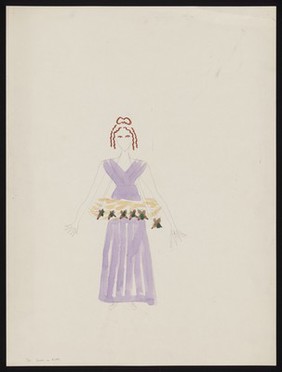 A woman wearing a mauve dress carries a basket of dead flowers. Watercolour by M. Bishop, 1970.