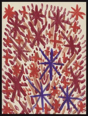 Red and purple stars amid red droplets and brown darts. Watercolour by M. Bishop, 1970.