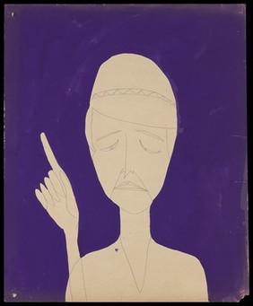 A woman raising her right index finger. Watercolour by M. Bishop, 1963.