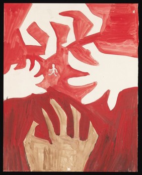 Four giant hands clawing at a tiny person. Watercolour by M. Bishop, 1969.