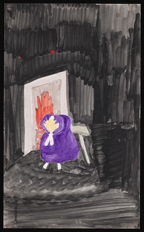 A girl in a purple dress seated in the dark in front of a lighted fire, bows down with her hands crossed. Watercolour by M. Bishop, 1973.