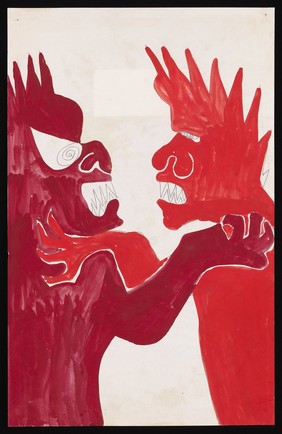 A maroon monster and a red monster in angry confrontation. Watercolour by M. Bishop, 1969.