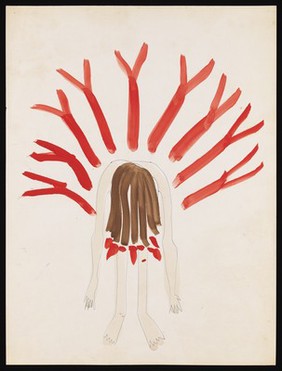 An exhausted naked woman bowed over in a grove of red trees. Watercolour by M. Bishop, 1969.