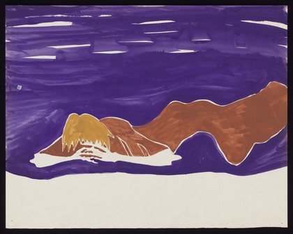A woman dressed in ochre lies prostrate on a purple ground burying her face in her hands. Watercolour by M. Bishop, 1965.