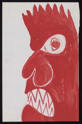 The face in profile to left of a man with jagged teeth. Watercolour by M. Bishop, ca. 1970.